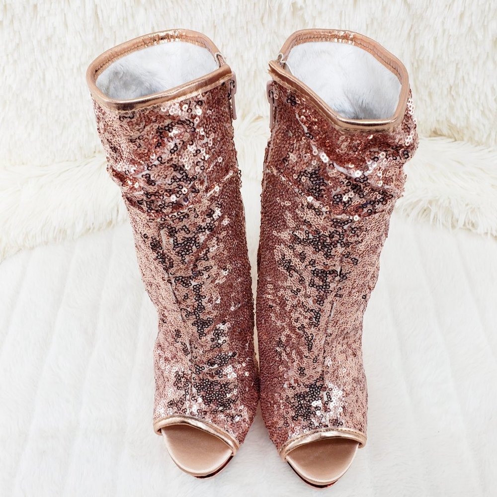 Blondie 1008 Rose Gold Sequin Slouch Shaft Platform Ankle Boots - Picture 9 of 14
